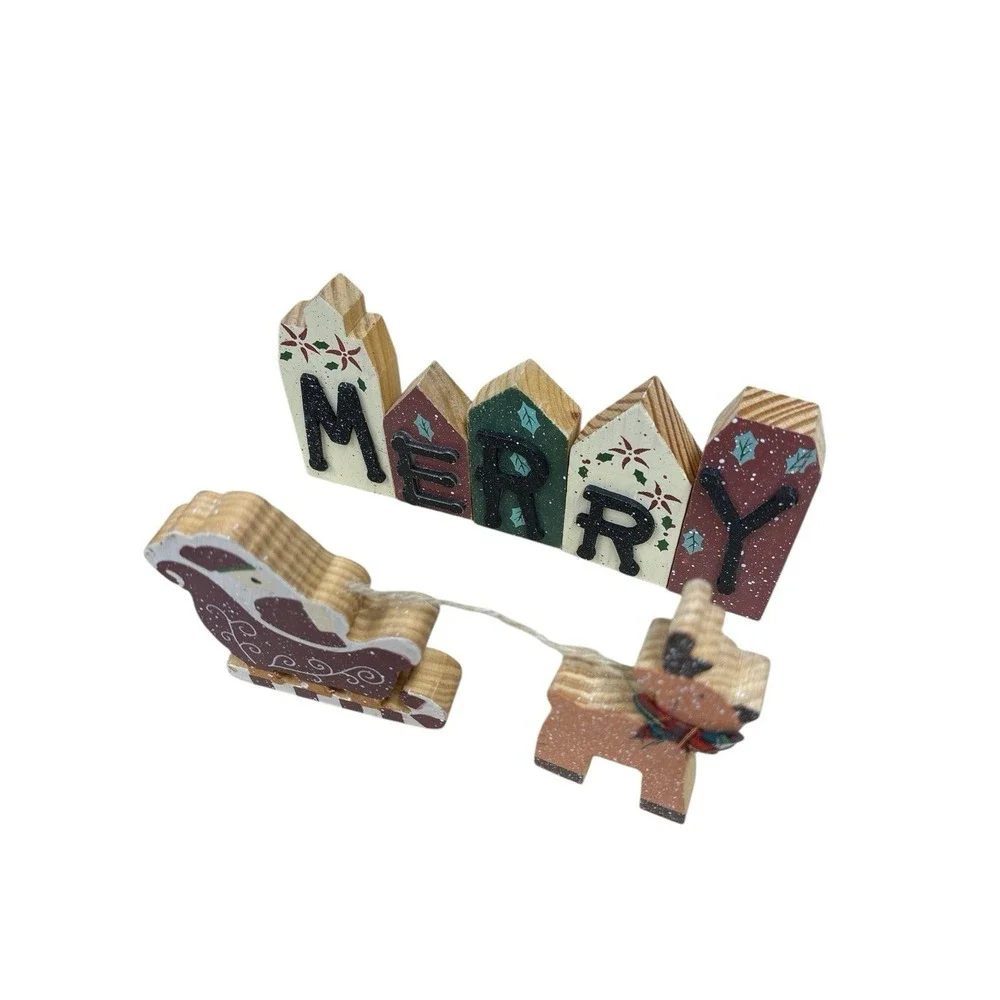 VTG Merry Christmas Wood Block Set Table Counter Window Decor Reindeer Santa Set